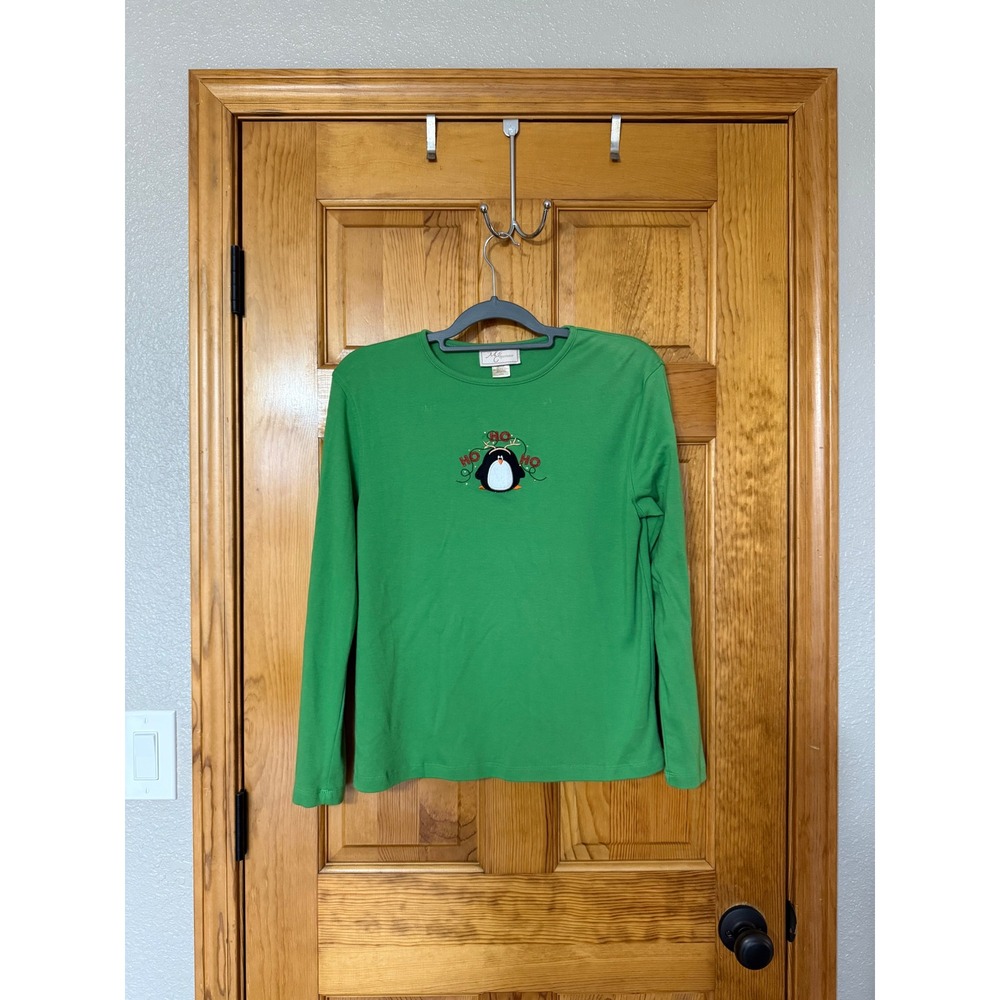 M&C Sportswear Green Christmas Penguin Reindeer Antlers Long Sleeve Top Large